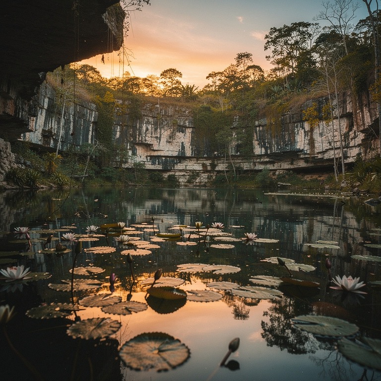 A serene, still cenote at sunset, with the surrounding limes... | ShopAyahuascaRetreats