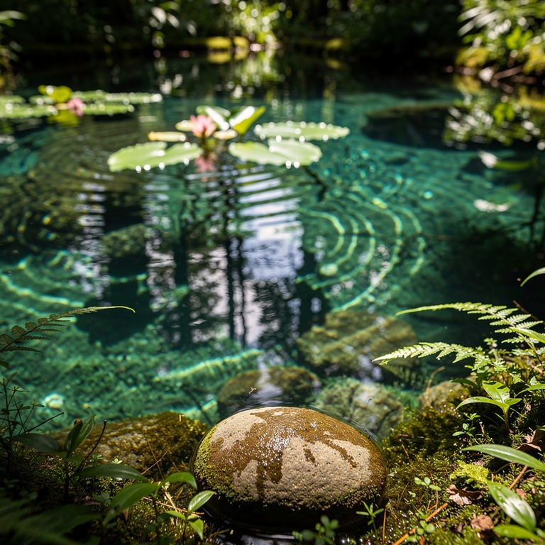 A shallow, crystal-clear forest pool reflects the dappled pa... | ShopAyahuascaRetreats