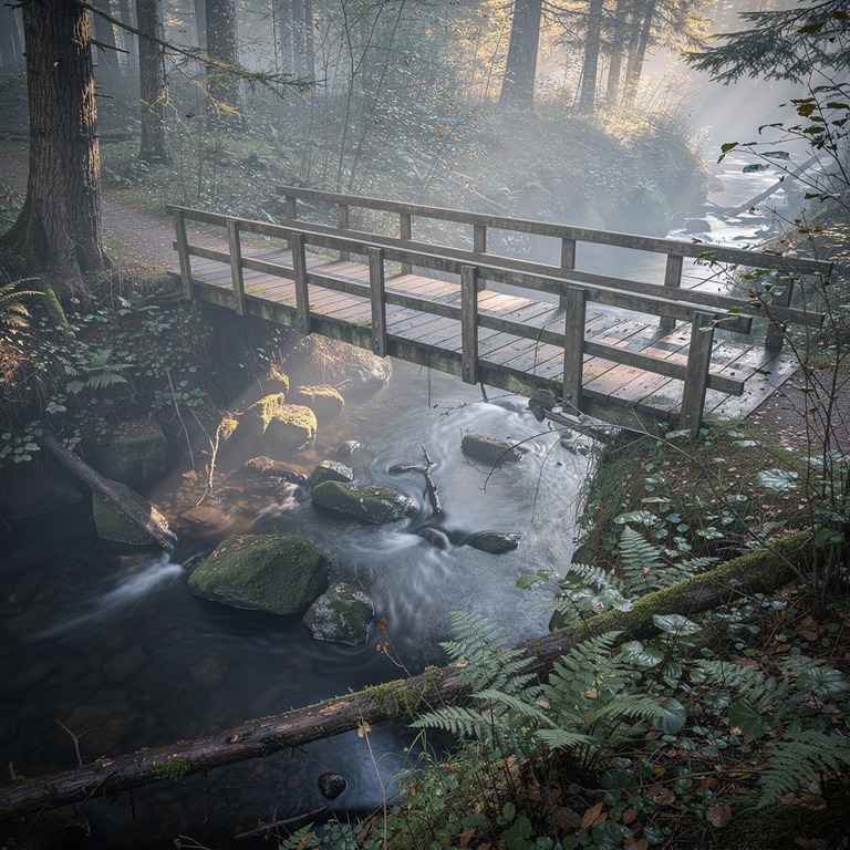 A small, rustic wooden bridge spans a gentle forest stream, ... | ShopAyahuascaRetreats