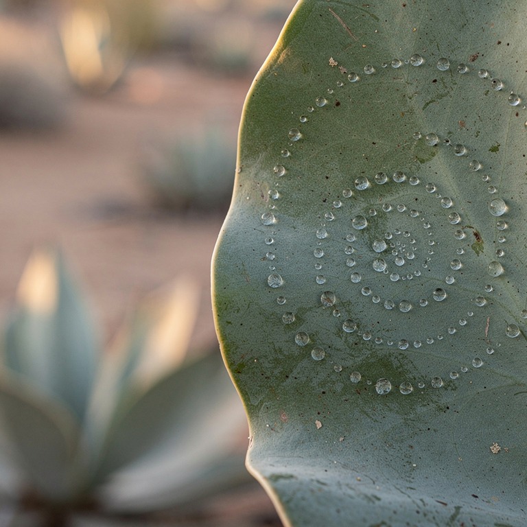 A spiral pattern of tiny, shimmering dew drops on a broad le... | ShopAyahuascaRetreats