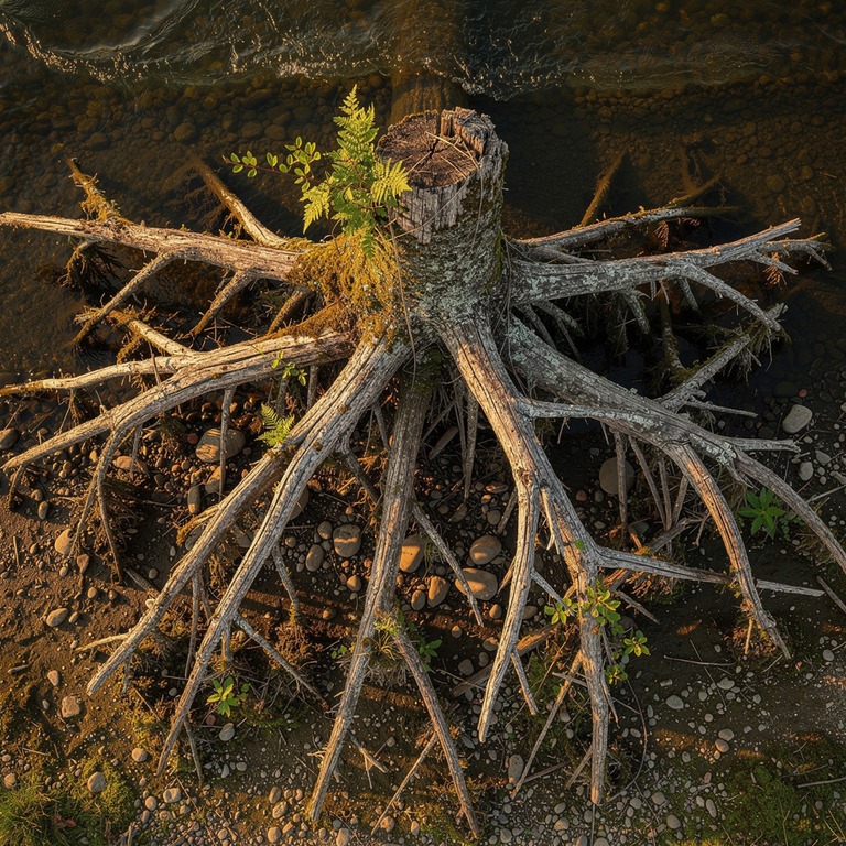 A sprawling, uprooted tree root system, exposed and twisted,... | ShopAyahuascaRetreats