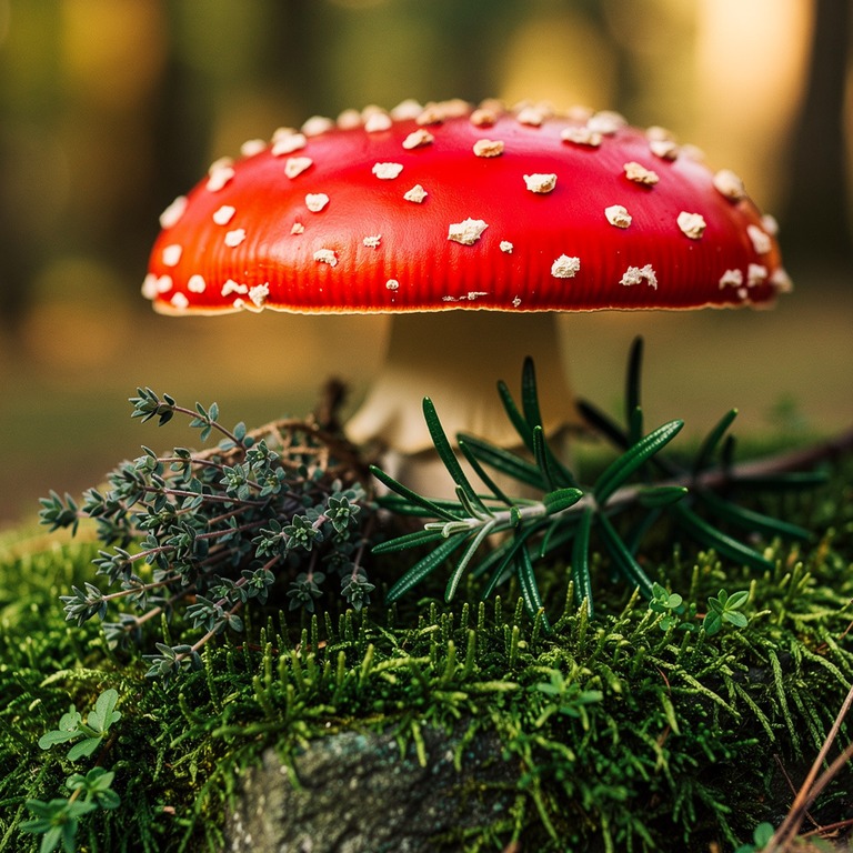 A still life of a fly agaric mushroom on a moss-covered ston... | ShopAyahuascaRetreats