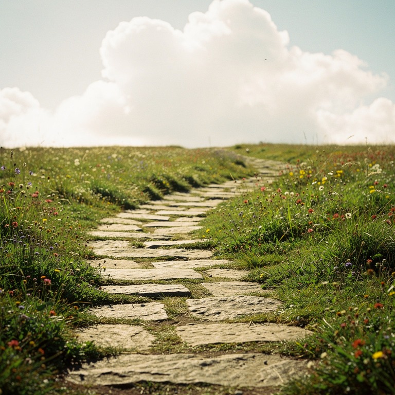 A stone path winding through a lush, green meadow, with a fe... | ShopAyahuascaRetreats