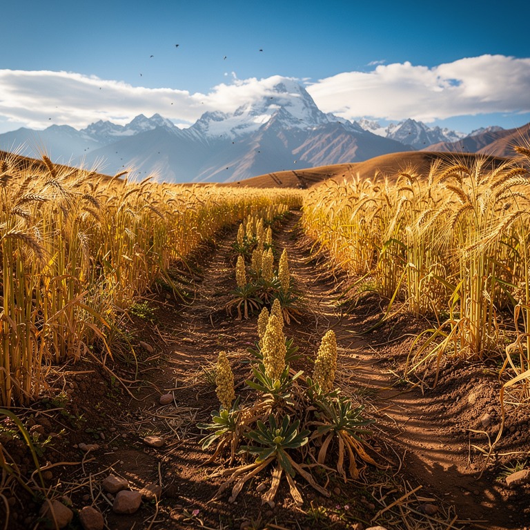 A sun-kissed, golden-hued field of wheat or quinoa, swaying ... | ShopAyahuascaRetreats