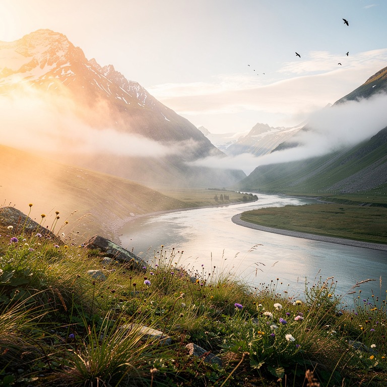 A sunrise over a serene mountain valley, with misty clouds a... | ShopAyahuascaRetreats