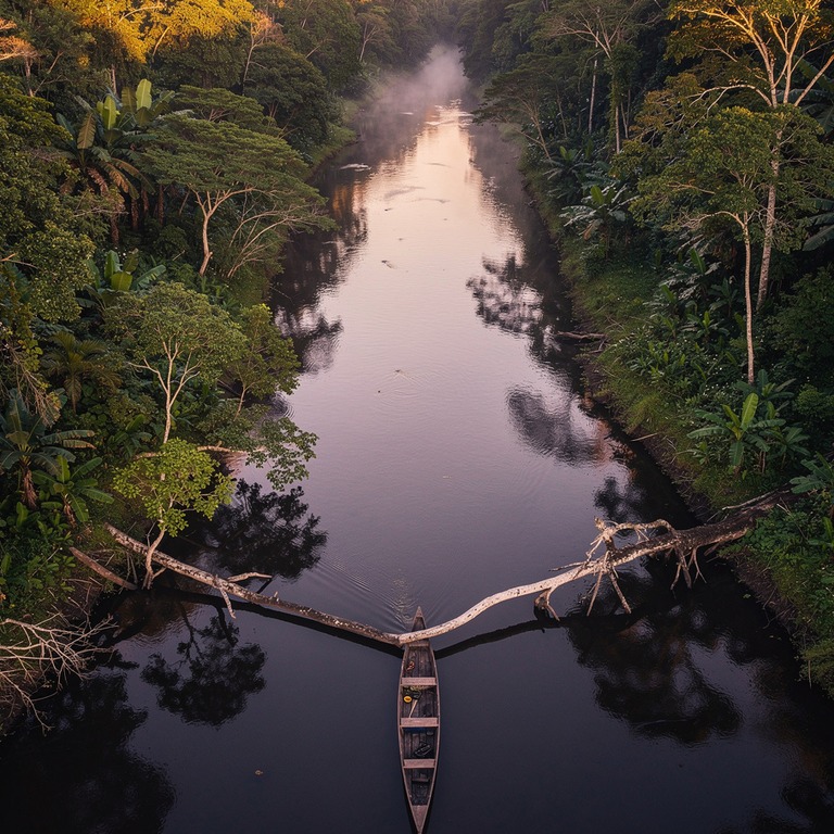 A tranquil Amazonian river bend at dusk, with a wooden canoe... | ShopAyahuascaRetreats