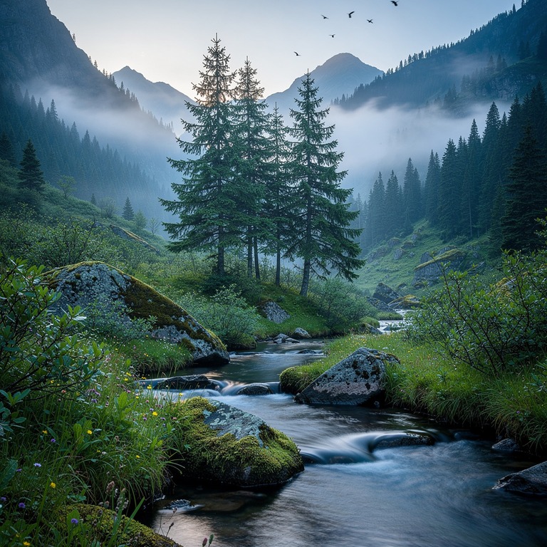 A tranquil, misty mountain valley at dawn, with a few trees ... | ShopAyahuascaRetreats
