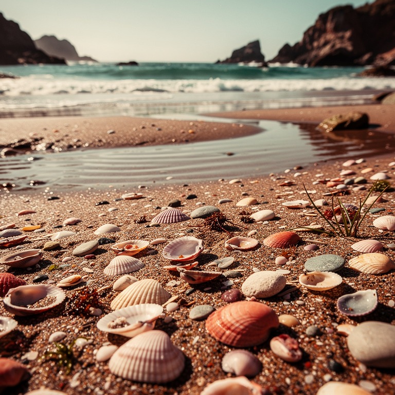 A tranquil ocean cove at low tide, with a variety of shells ... | ShopAyahuascaRetreats