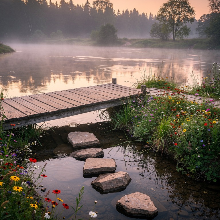 A tranquil riverbank with a simple wooden bridge and a few s... | ShopAyahuascaRetreats