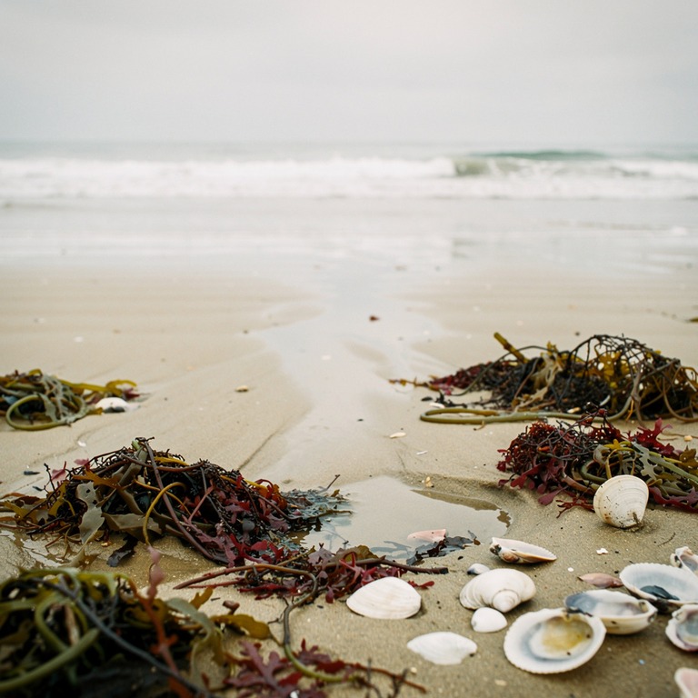 A tranquil, sandy shoreline at low tide, with a variety of s... | ShopAyahuascaRetreats