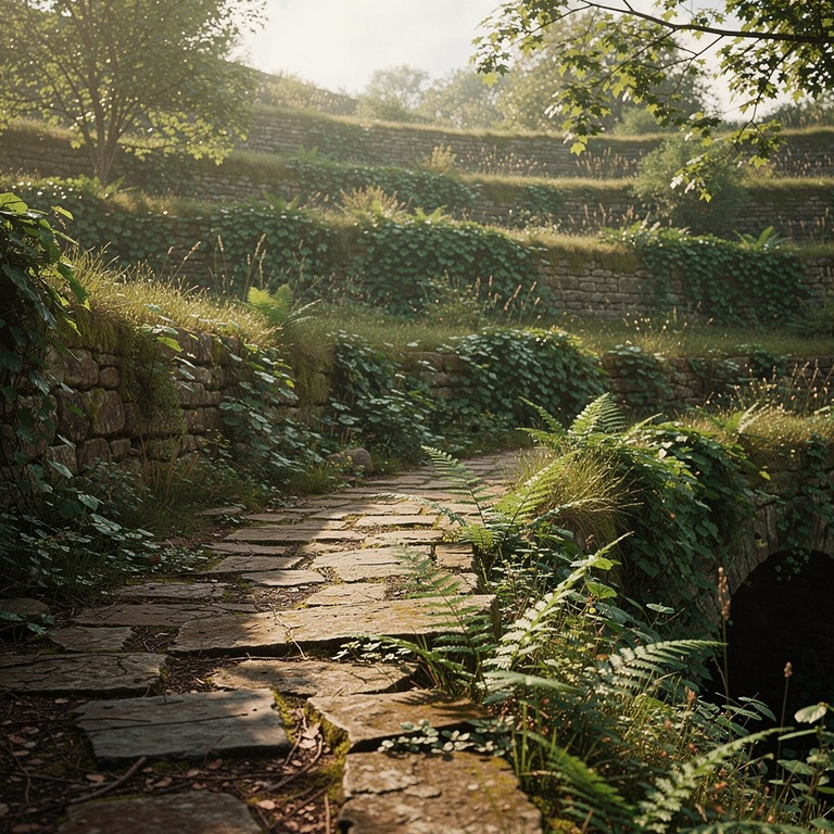 A weathered stone path winding through a terraced hillsides,... | ShopAyahuascaRetreats