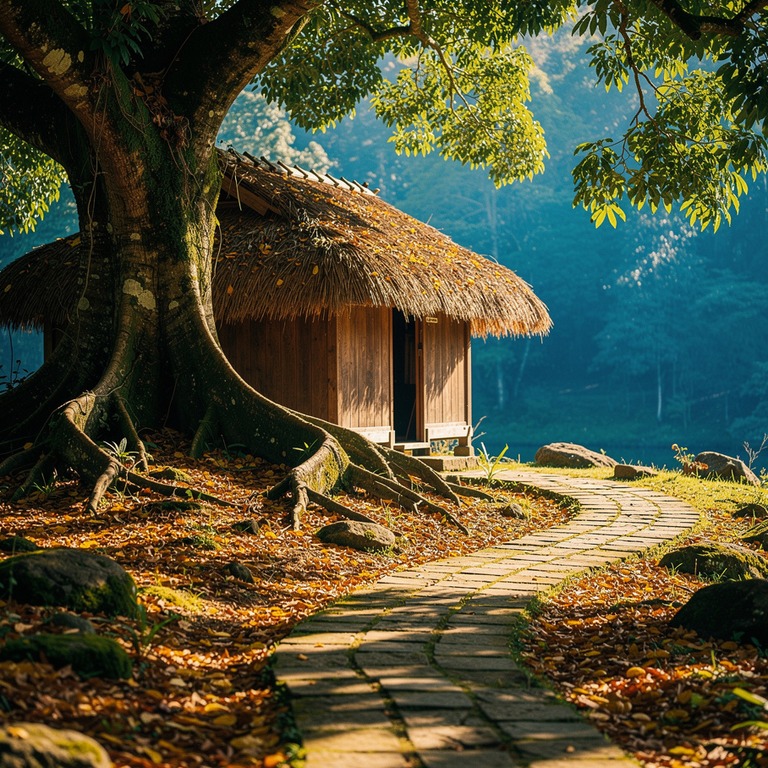 A wooden cabin nestled among the roots of an ancient tree, w... | ShopAyahuascaRetreats