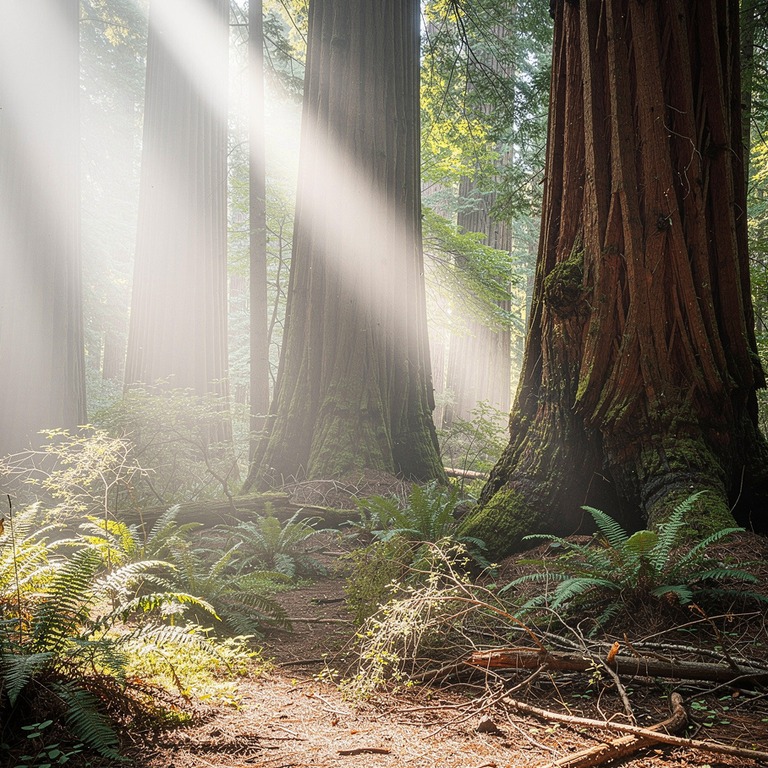 Ancient redwood grove with sun rays streaming through trunks | ShopAyahuascaRetreats