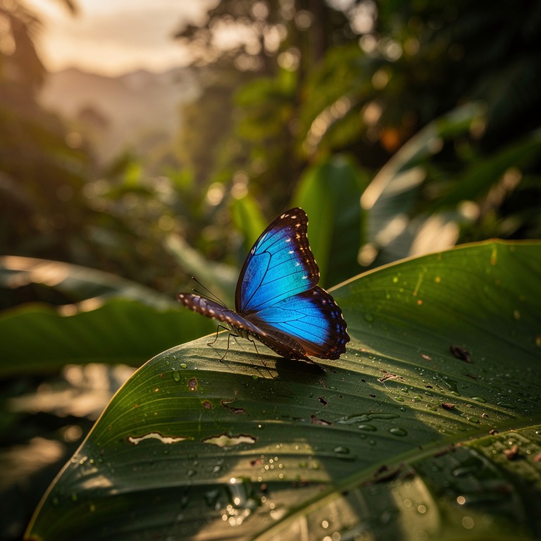 Blue morpho butterfly on a broad green leaf, shallow focus | ShopAyahuascaRetreats