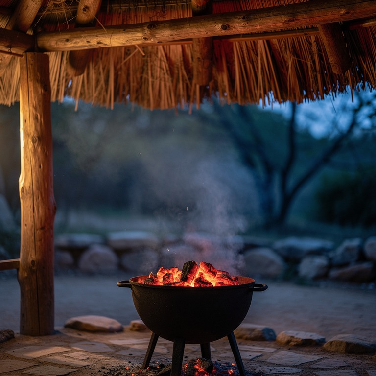 Cast-iron brazier with glowing coals under a thatched roof | ShopAyahuascaRetreats