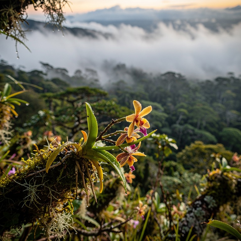 Cloud-forest ridge with epiphytes and orchids on every branc... | ShopAyahuascaRetreats