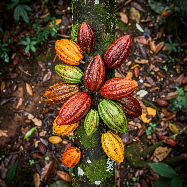 Cluster of wild cacao pods on a tree trunk, soft forest ligh... | ShopAyahuascaRetreats