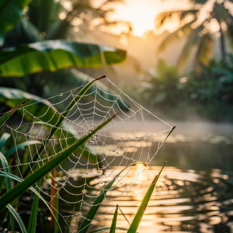 Dew-covered spiderweb over a pond at dawn | ShopAyahuascaRetreats