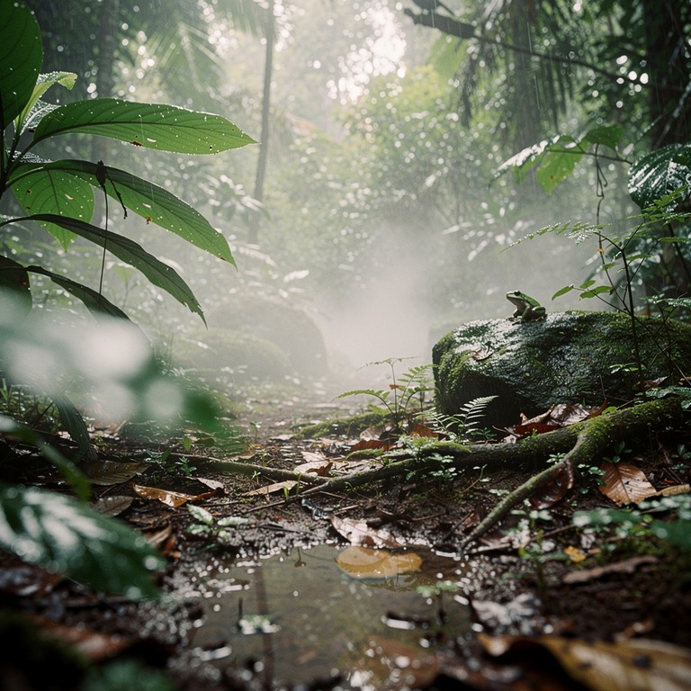 Jungle clearing after heavy rain, steam rising from leaf lit... | ShopAyahuascaRetreats