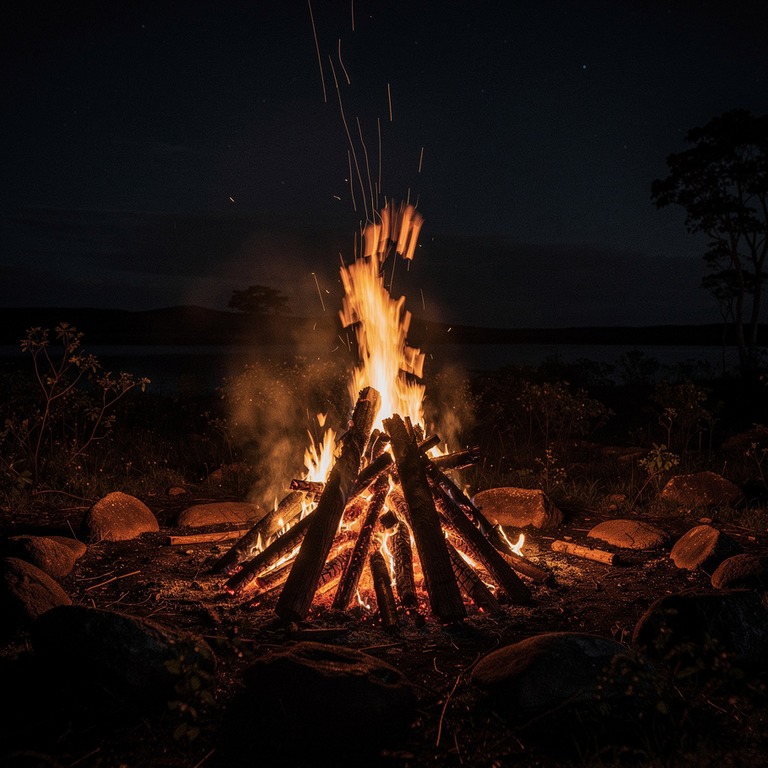 Large bonfire burning at night, orange embers rising into da... | ShopAyahuascaRetreats