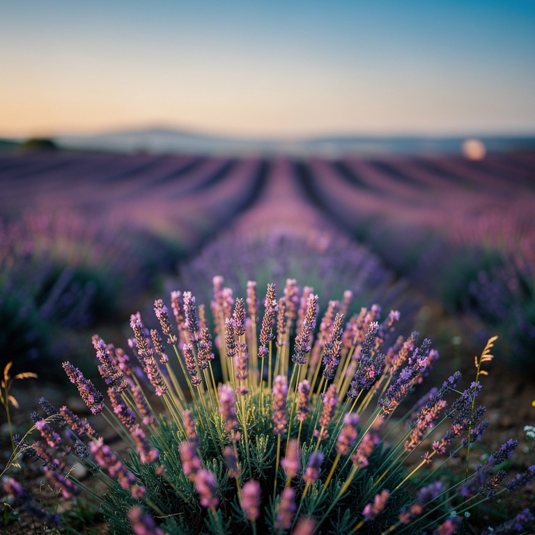 Lavender field at dusk, rows fading into soft purple haze | ShopAyahuascaRetreats