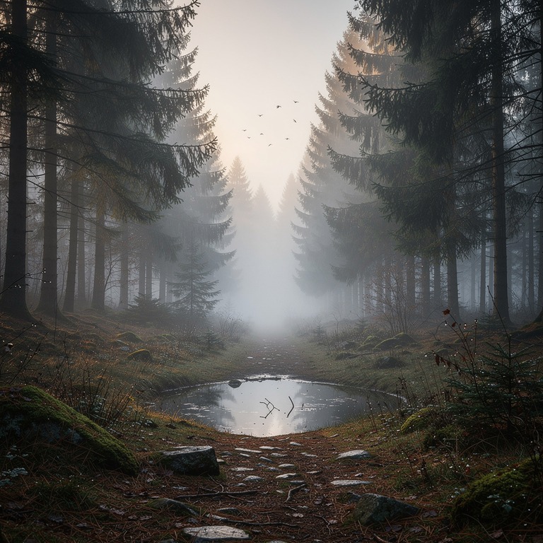 Misty fir forest at dawn, layered silhouettes | ShopAyahuascaRetreats
