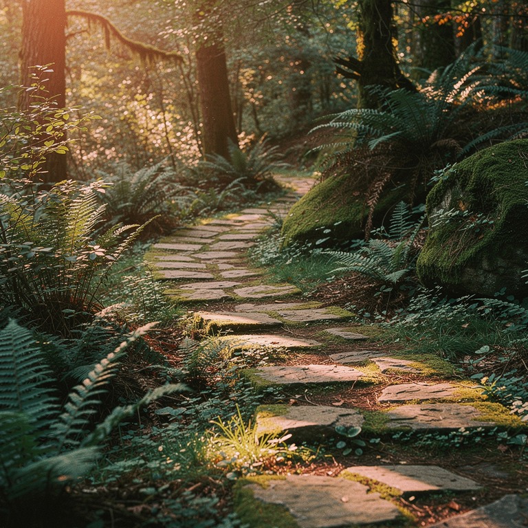 Mossy stone path winding through a fern-filled forest | ShopAyahuascaRetreats