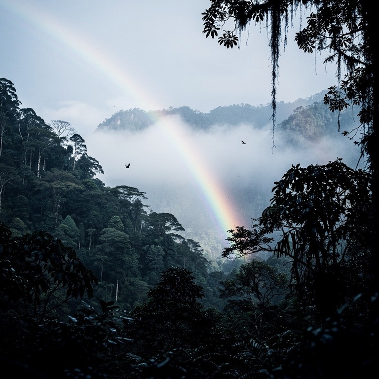 Rainbow arching over a misty rainforest valley after a storm | ShopAyahuascaRetreats