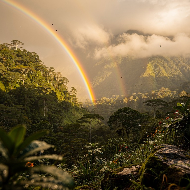 Rainbow arching over a misty rainforest valley after a storm | ShopAyahuascaRetreats