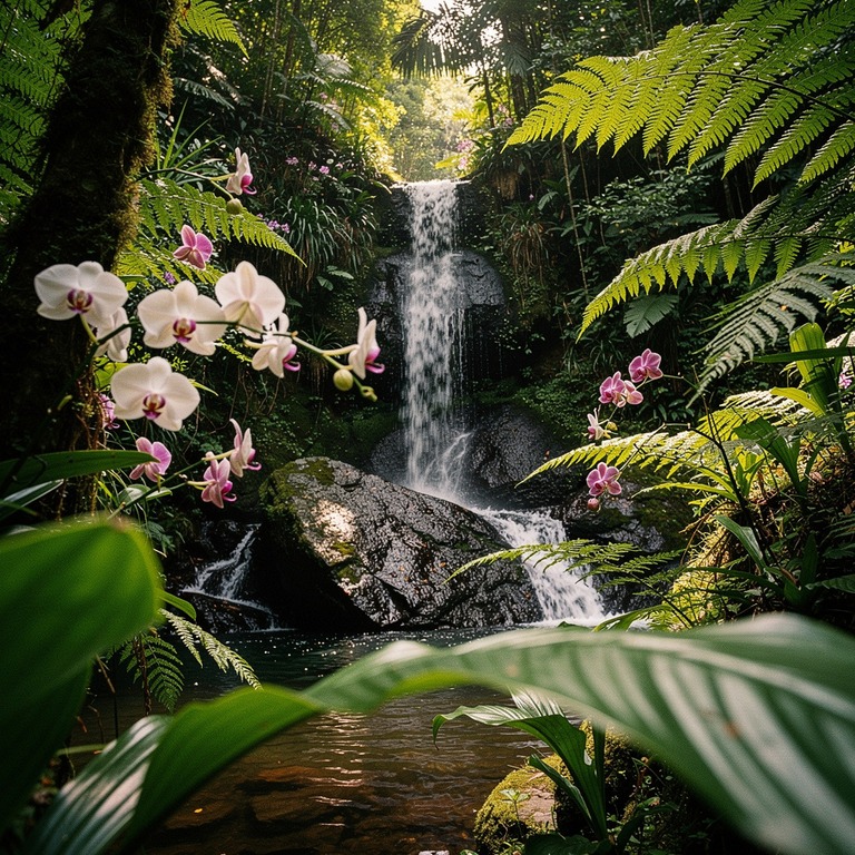 Small waterfall hidden in jungle, framed by ferns and orchid... | ShopAyahuascaRetreats