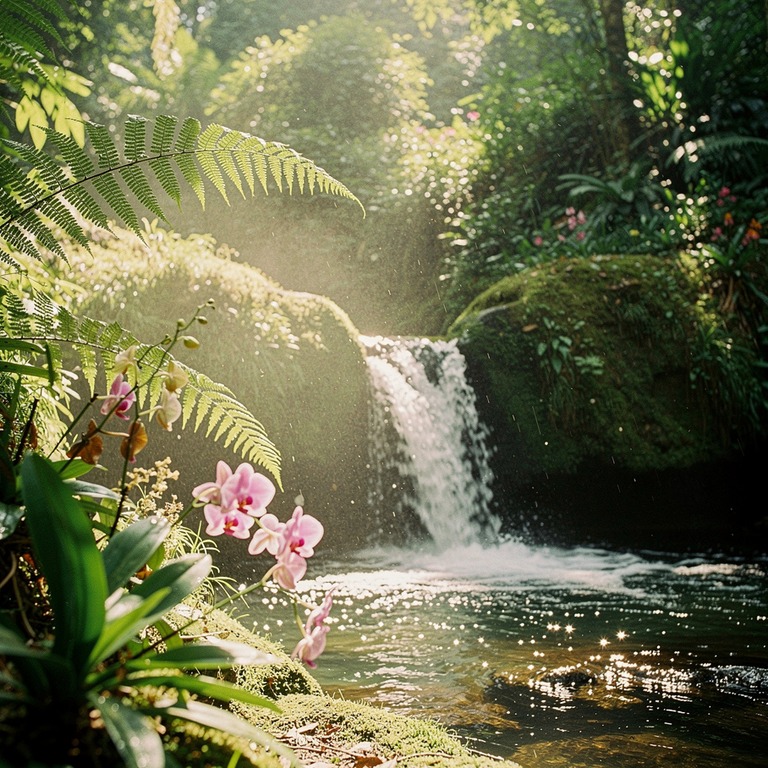 Small waterfall hidden in jungle, framed by ferns and orchid... | ShopAyahuascaRetreats