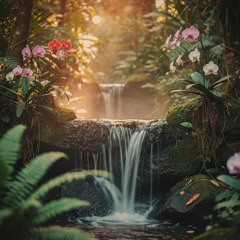 Small waterfall hidden in jungle, framed by ferns and orchid... | ShopAyahuascaRetreats