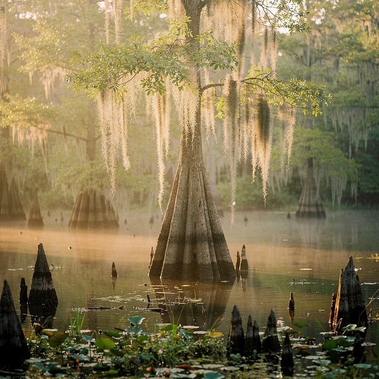 Spanish moss draped on cypress trees, swamp atmosphere | ShopAyahuascaRetreats