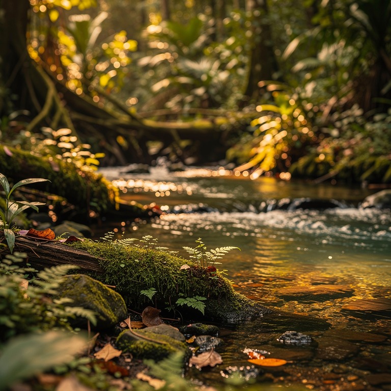 Stream curving through a moss-covered jungle floor | ShopAyahuascaRetreats