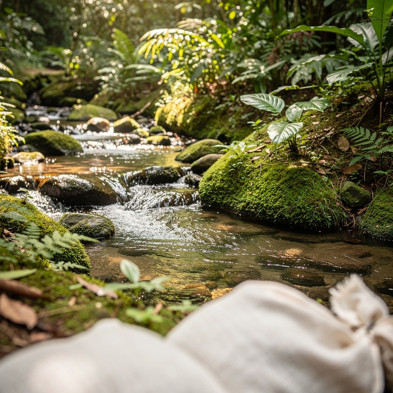 Stream curving through a moss-covered jungle floor | ShopAyahuascaRetreats