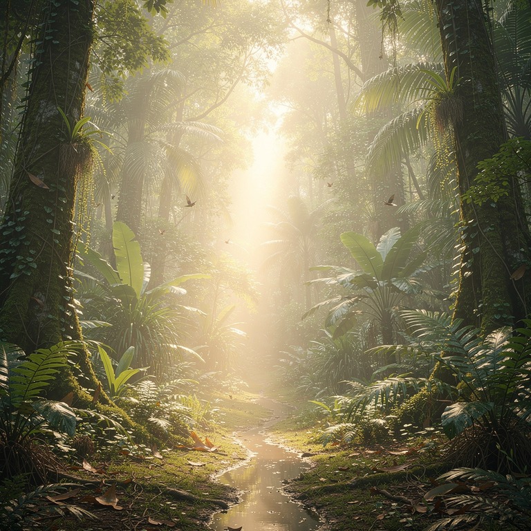 Sunbeam piercing through deep rainforest mist, layered green... | ShopAyahuascaRetreats