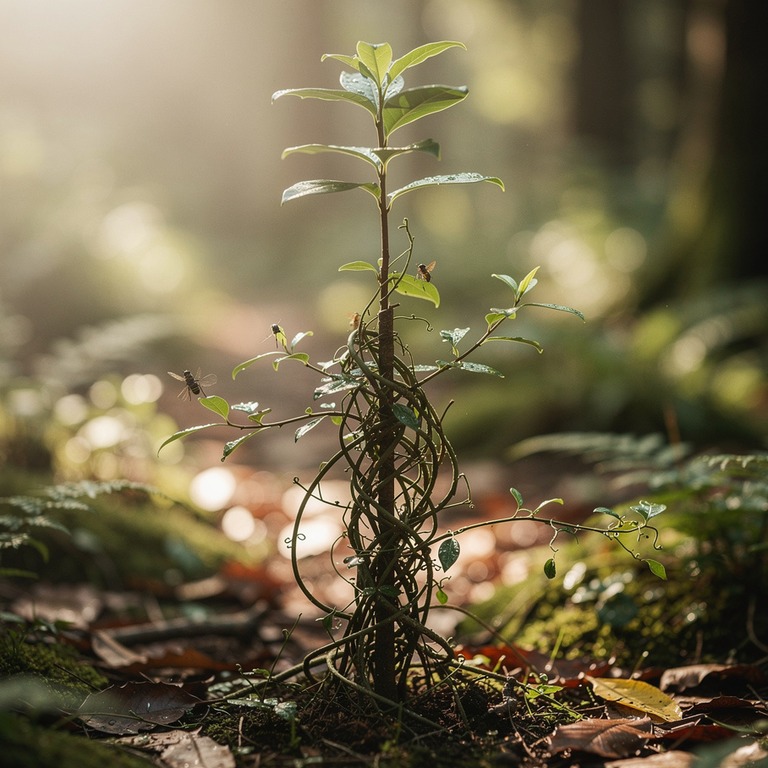 Tangle of climbing vines wrapping a young sapling, forest un... | ShopAyahuascaRetreats