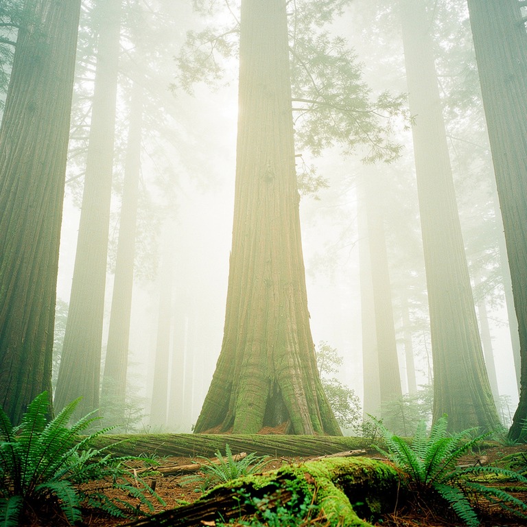 Thick morning fog rolling through redwood trunks | ShopAyahuascaRetreats