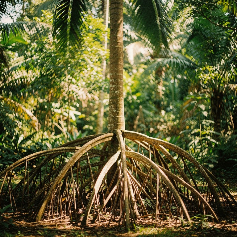 Walking palm tree with stilted exposed roots, low jungle lig... | ShopAyahuascaRetreats