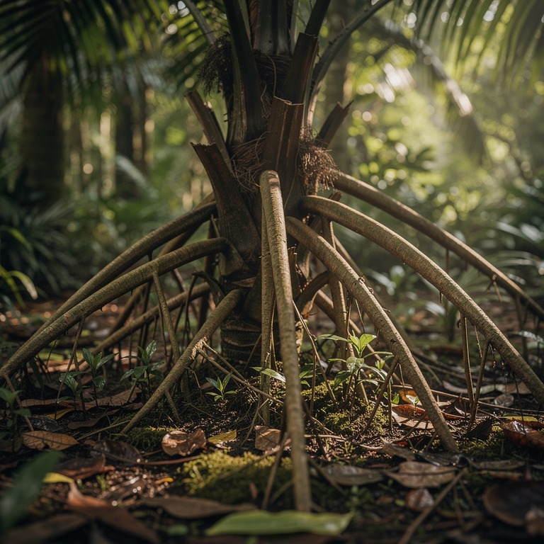 Walking palm tree with stilted exposed roots, low jungle lig... | ShopAyahuascaRetreats