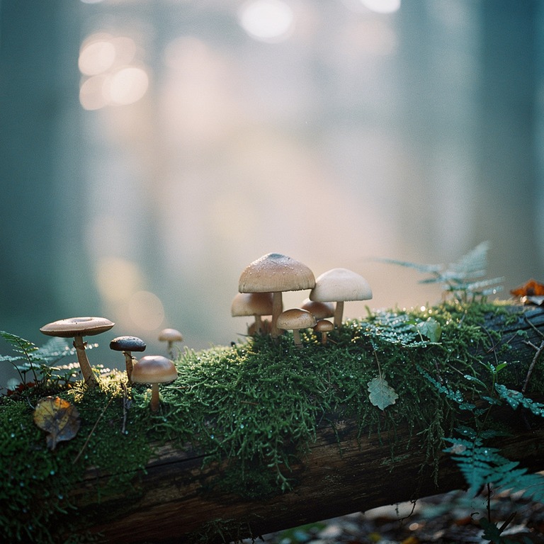 Wild mushrooms scattered on a mossy log, dappled forest ligh... | ShopAyahuascaRetreats
